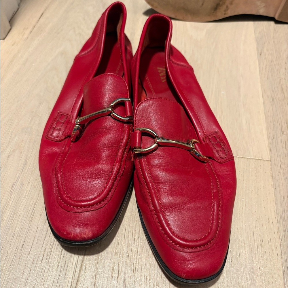 Red Leather Loafers with Gold Buckle